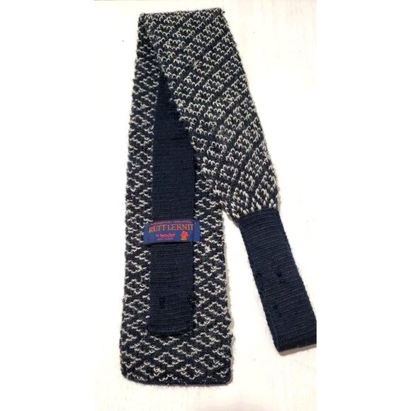 Vtg Rooster Rufflernit Square End Sock Tie Blue & White Wool & Mohair Necktie - Picture 1 of 6